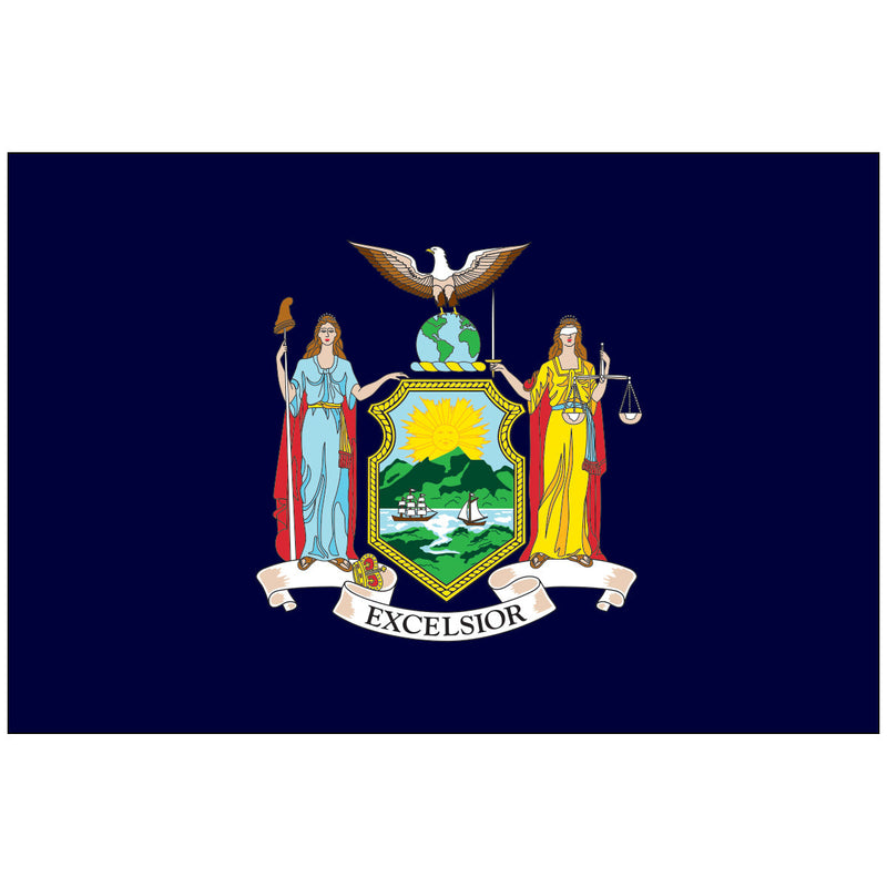 Load image into Gallery viewer, New York state flag with a dark blue background featuring the state coat of arms—Lady Liberty and Justice flanking a shield with mountains and ships, topped by an eagle and banner reading “Excelsior.”
