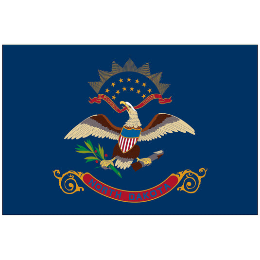 North Dakota state flag featuring a bald eagle holding olive branches and arrows beneath a red banner reading “E Pluribus Unum,” with a sunburst and blue field bearing the words “North Dakota.”