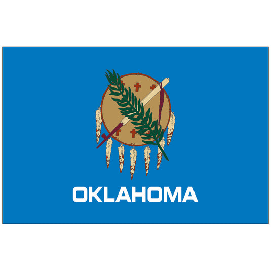 Oklahoma state flag featuring a sky-blue field with a traditional Osage Nation buffalo-skin shield adorned with eagle feathers, a peace pipe, and an olive branch crossed over it, symbolizing unity and peace.
