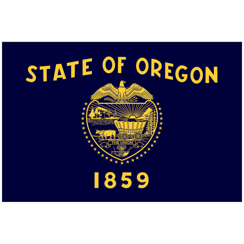Load image into Gallery viewer, Oregon state flag featuring a navy-blue field with a gold state seal displaying an eagle, covered wagon, mountains, and ships, with the words “State of Oregon” and the year “1859” marking its statehood.
