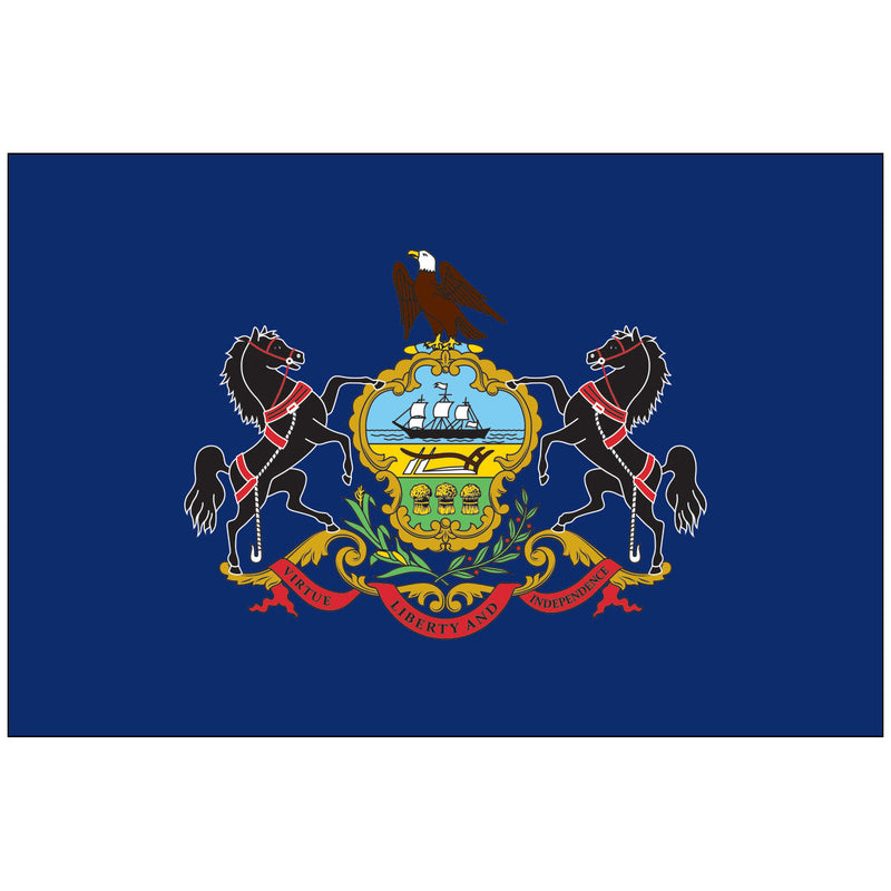 Load image into Gallery viewer, Pennsylvania state flag with a blue background featuring the state coat of arms: a shield with a ship, plow, and wheat, flanked by black horses, topped with a bald eagle, and a red ribbon reading “Virtue, Liberty and Independence.”
