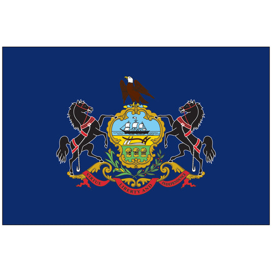 Pennsylvania state flag with a blue background featuring the state coat of arms: a shield with a ship, plow, and wheat, flanked by black horses, topped with a bald eagle, and a red ribbon reading “Virtue, Liberty and Independence.”