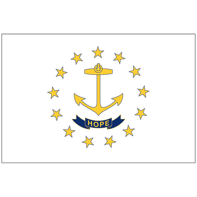 Load image into Gallery viewer, Rhode Island state flag featuring a gold anchor encircled by thirteen gold stars on a white field, with a blue ribbon below the anchor inscribed with the word “Hope.”
