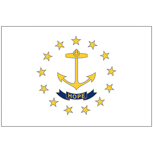 Rhode Island state flag featuring a gold anchor encircled by thirteen gold stars on a white field, with a blue ribbon below the anchor inscribed with the word “Hope.”