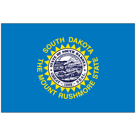 South Dakota state flag with the state seal centered on a sky-blue field, surrounded by a gold sun and the words “South Dakota – The Mount Rushmore State.”