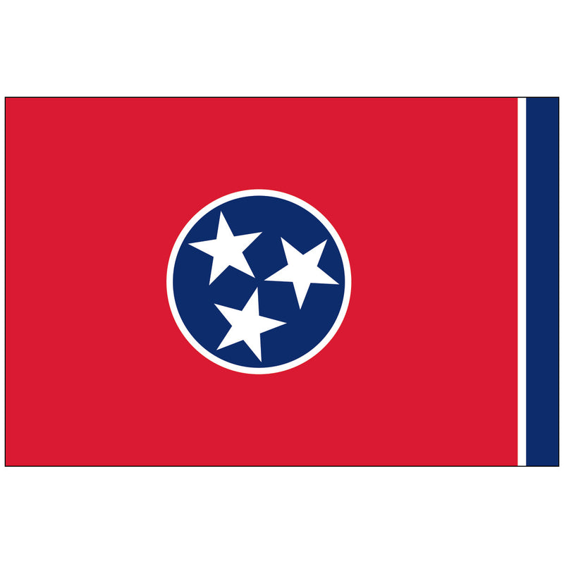 Load image into Gallery viewer, Tennessee state flag featuring three white stars inside a blue circle on a red field, symbolizing the state’s three regions, with a vertical blue stripe on the right edge.
