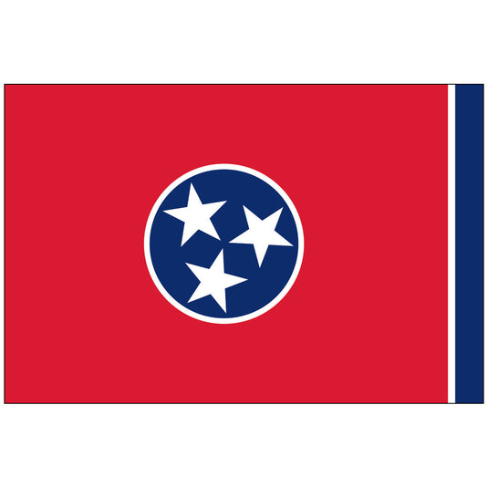 Tennessee state flag featuring three white stars inside a blue circle on a red field, symbolizing the state’s three regions, with a vertical blue stripe on the right edge.