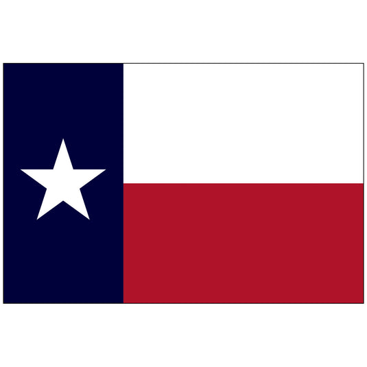 Texas state flag featuring a vertical blue stripe with a white lone star beside horizontal white and red stripes, symbolizing unity, purity, and bravery.