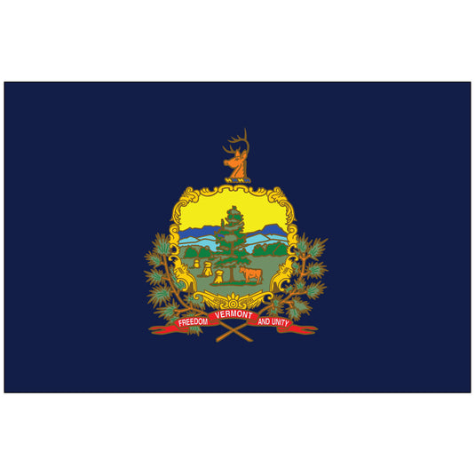 Vermont state flag displaying the state coat of arms with a pine tree, mountains, a cow, and sheaves of wheat, symbolizing natural beauty and prosperity.