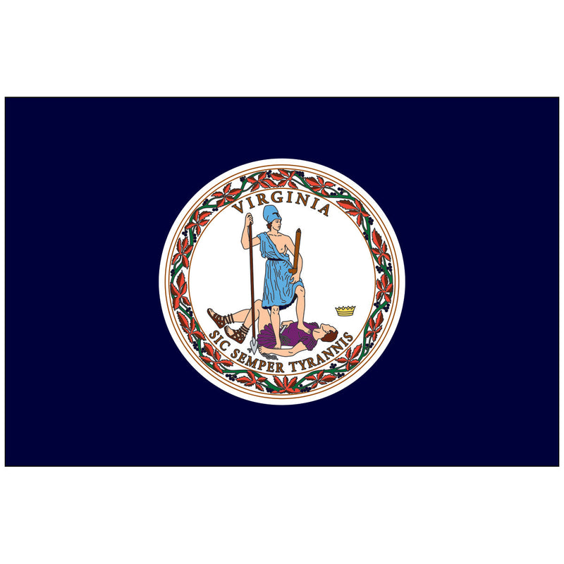 Load image into Gallery viewer, Virginia state flag featuring the state seal with Virtus standing over a defeated tyrant, symbolizing victory over oppression, surrounded by the motto “Sic Semper Tyrannis.”
