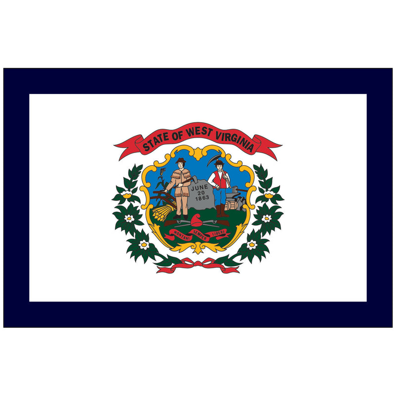 Load image into Gallery viewer, West Virginia state flag featuring the state coat of arms on a white field bordered in blue, symbolizing freedom, resilience, and the state’s founding date of June 20, 1863.
