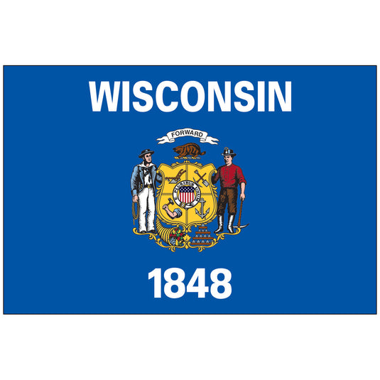Wisconsin state flag with the state coat of arms on a blue field, the word “WISCONSIN” above, and “1848” below, symbolizing unity, industry, and the state’s year of admission to the Union.