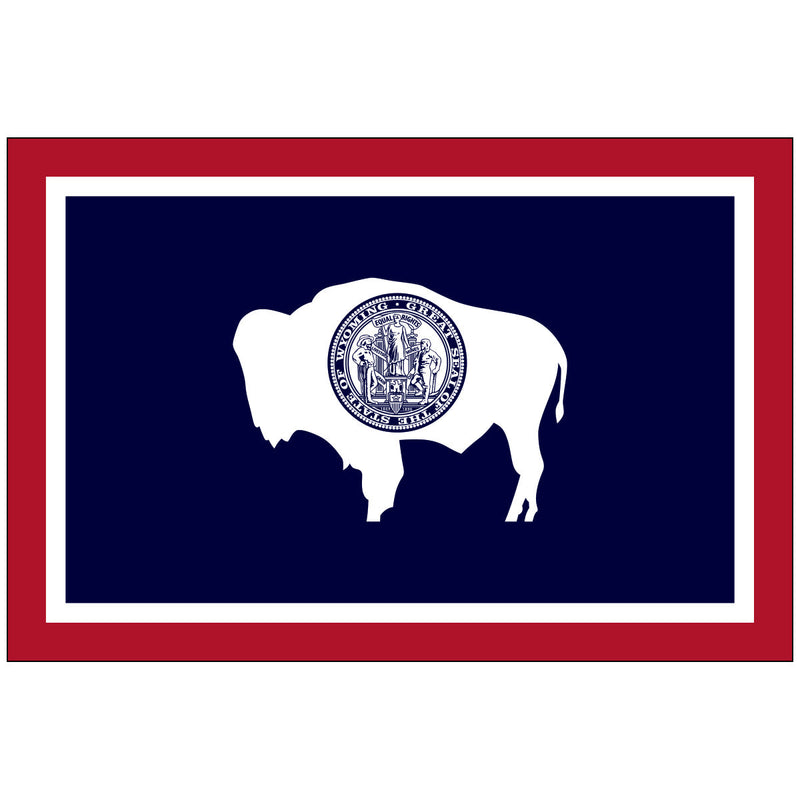 Load image into Gallery viewer, Wyoming state flag featuring a white bison silhouette on a blue field bordered in red and white, with the state seal centered on the bison, symbolizing strength, independence, and the American frontier spirit.
