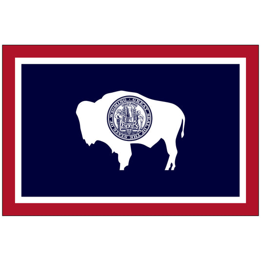 Wyoming state flag featuring a white bison silhouette on a blue field bordered in red and white, with the state seal centered on the bison, symbolizing strength, independence, and the American frontier spirit.