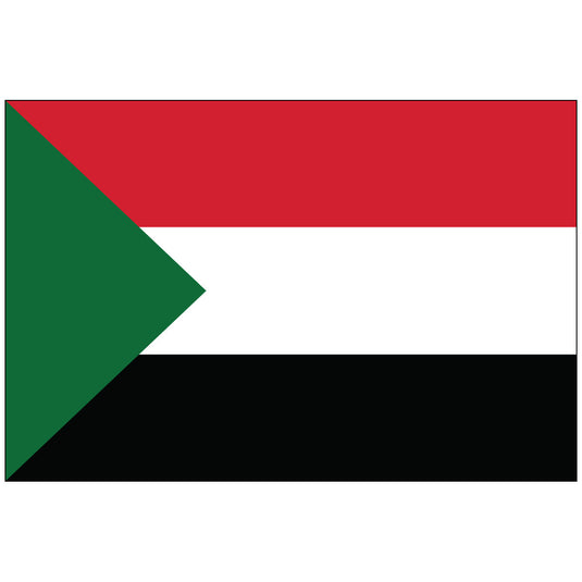 Flag of Sudan with horizontal stripes: red on top, white in the middle, and black at the bottom. A green triangle is on the left side.