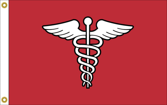 A flag with a red background and a white and gold emblem of a serpentine with a golden ratio, representing a surgeon or medical professional, on a white shield with a golden border.