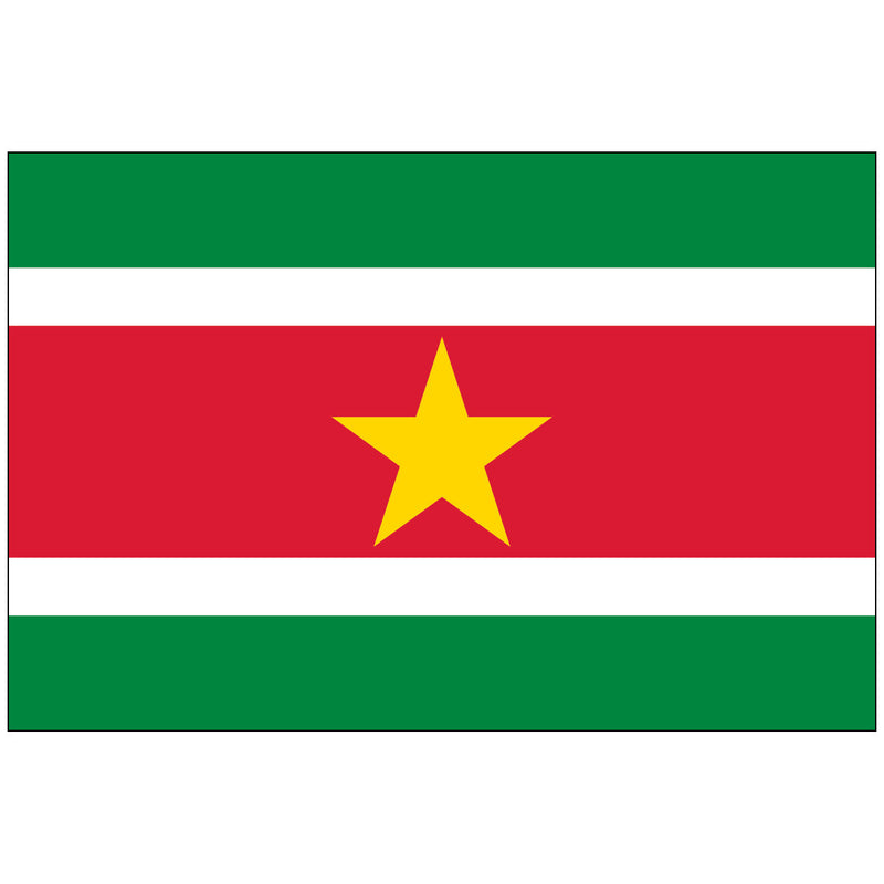 Load image into Gallery viewer, The flag of Suriname, featuring horizontal stripes in red, white, and green with a yellow star on the red stripe.
