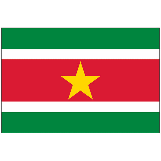 The flag of Suriname, featuring horizontal stripes in red, white, and green with a yellow star on the red stripe.