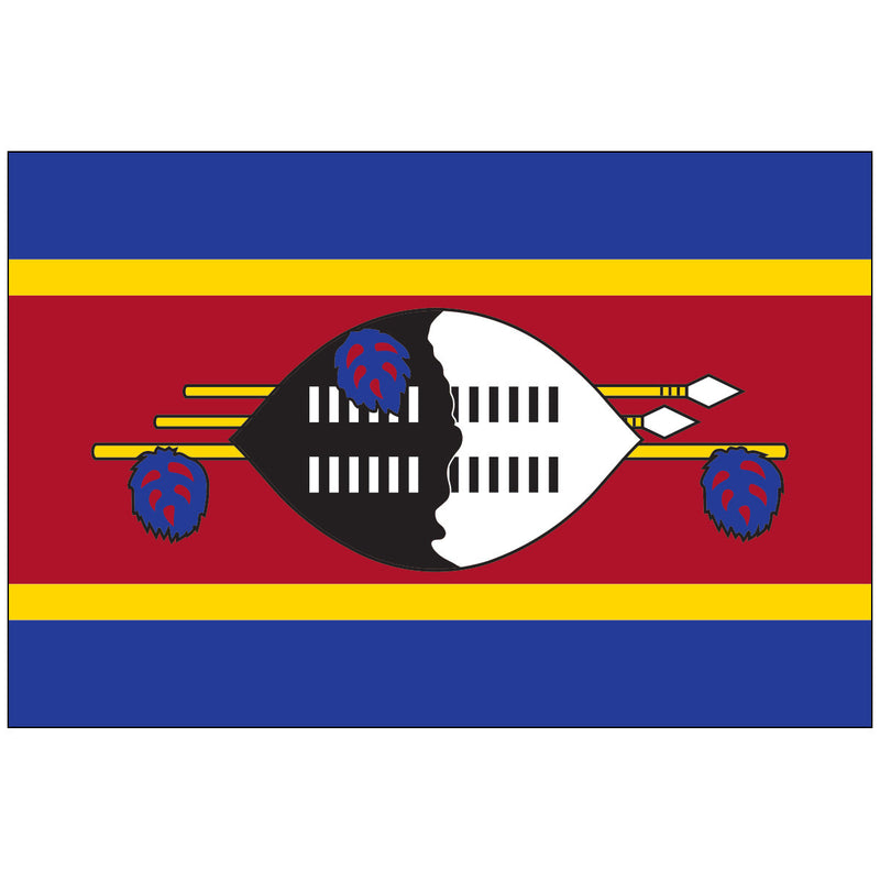 Load image into Gallery viewer, Flag of Eswatini features horizontal blue, yellow, and red stripes. At the center is a black and white shield with spears and blue tassels.
