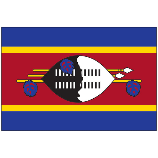 Flag of Eswatini features horizontal blue, yellow, and red stripes. At the center is a black and white shield with spears and blue tassels.