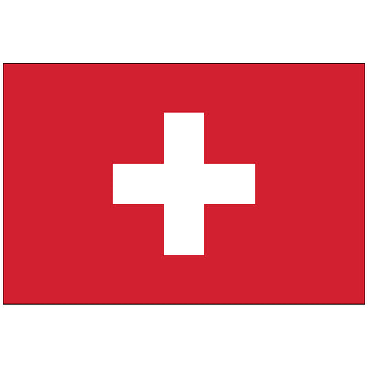 The image shows the flag of Switzerland, featuring a bold white cross centered on a bright red square background, symbolizing peace and neutrality.