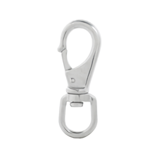 Polished silver chrome Swivel Flag Snap with a large clip hook and rotating D-ring base.