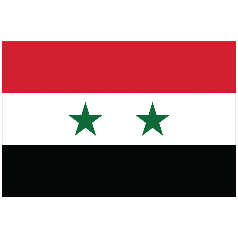 Load image into Gallery viewer, The flag of Syria, featuring horizontal stripes in red, white, and black with two green stars in the white stripe.
