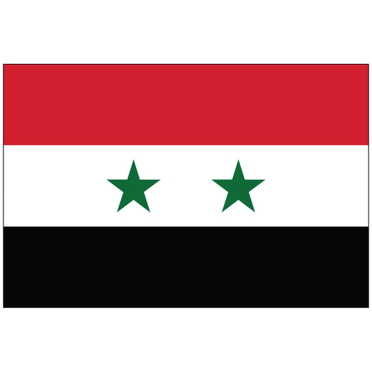 The flag of Syria, featuring horizontal stripes in red, white, and black with two green stars in the white stripe.
