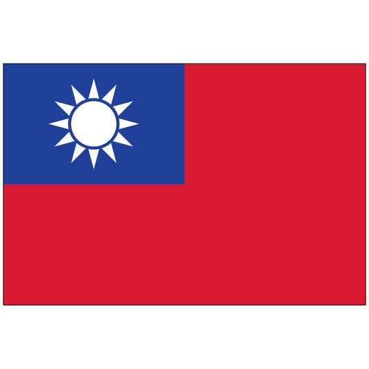The flag of Taiwan, featuring a red field with a blue canton bearing a white sun with twelve triangular rays, on a white background.