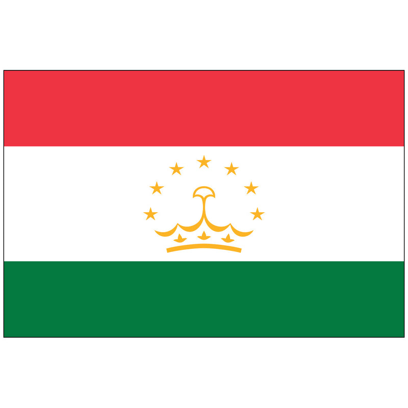 Load image into Gallery viewer, The flag of Tajikistan, featuring horizontal stripes in red, white, and green with a crown and seven stars in the center.
