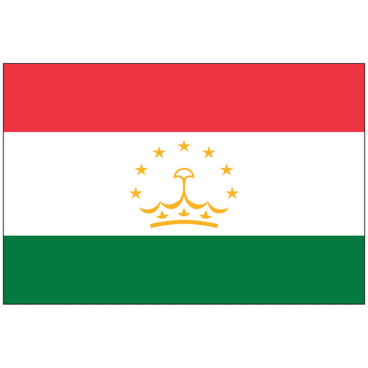 The flag of Tajikistan, featuring horizontal stripes in red, white, and green with a crown and seven stars in the center.