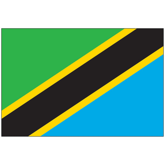 The flag of Tanzania, featuring a green and blue diagonal split with a black stripe bordered in yellow.