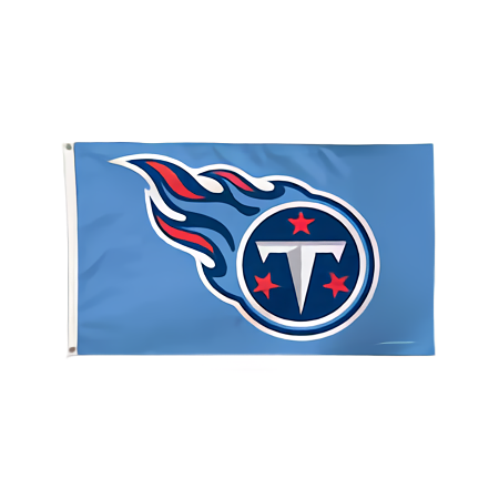 Light blue flag featuring a white and navy emblem with a stylized "T" aflame, accented by three red stars, representing the Tennessee Titans.