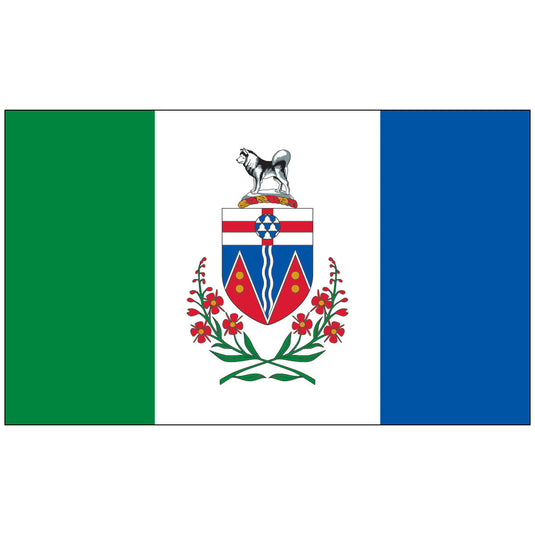 A flag featuring the Yukon emblem against a blue and green background, with a white horse and flower on the emblem.