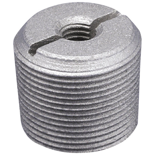 A gray, threaded top plug for a flagpole designed to securely cap the top of the pole with threading for attaching ornaments or finials.