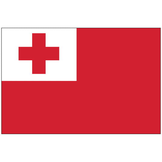 The flag of Tonga, featuring a red field with a white cross on the white canton, against a white background.