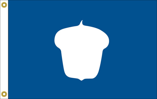 A blue flag with a large white acorn centered. The acorn design is simple and bold, conveying a strong and classic tone. Gold eyelets are on the left edge.