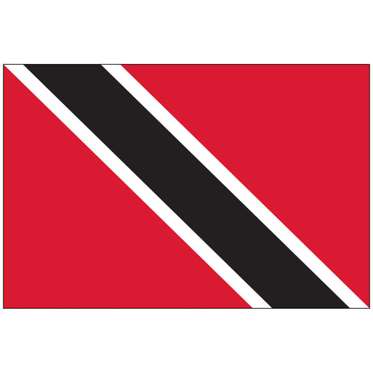 Flag of Trinidad and Tobago; red background with a black diagonal band from top left to bottom right, flanked by narrow white stripes.