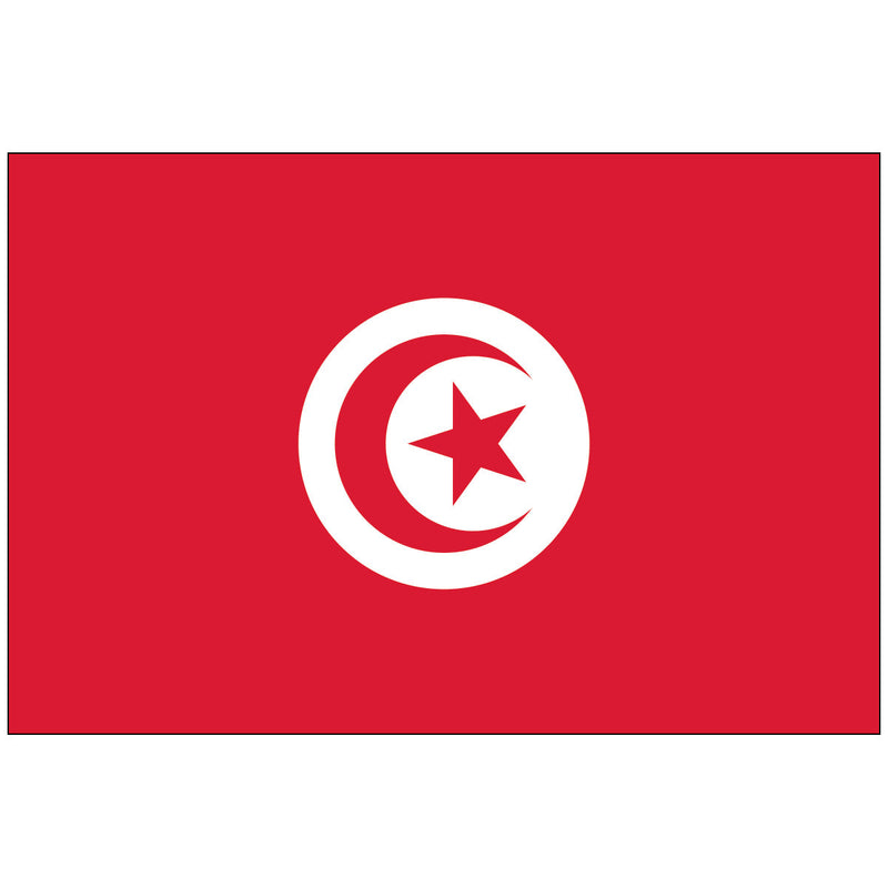 Load image into Gallery viewer, The flag of Tunisia, featuring a red field with a white crescent and star on the center, against a white background.
