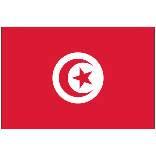 The flag of Tunisia, featuring a red field with a white crescent and star on the center, against a white background.