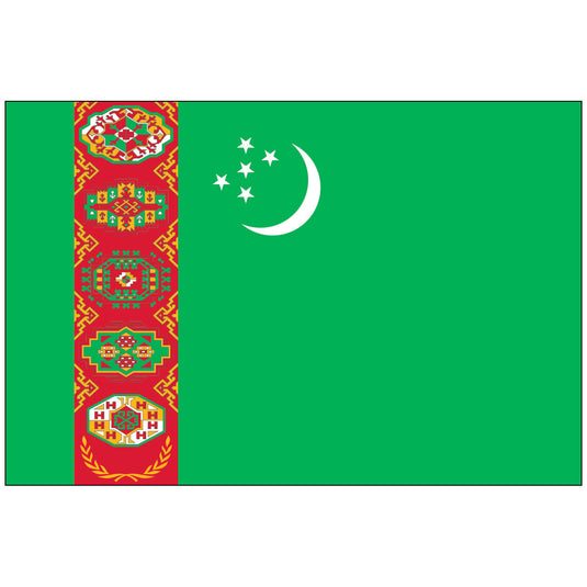 The flag of Turkmenistan, featuring a green field with a vertical red stripe, five traditional carpet guls, and a white crescent with five stars.