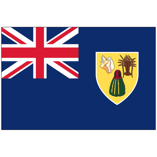 Flag of the Turks and Caicos Islands: Blue field with Union Jack top left, yellow shield on right featuring a conch shell, cactus, and lobster.