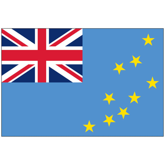 Flag of Tuvalu: Light blue with a Union Jack in the top left corner and nine yellow stars forming a loose circle on the right, symbolizing islands.