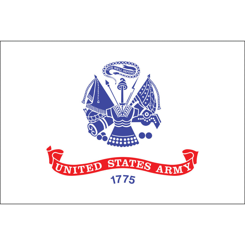 Load image into Gallery viewer, White flag with blue U.S. Army emblem featuring weapons, flag, and liberty cap. Red banner below reads "United States Army" above "1775."
