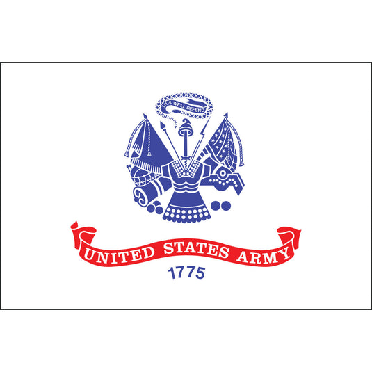White flag with blue U.S. Army emblem featuring weapons, flag, and liberty cap. Red banner below reads 