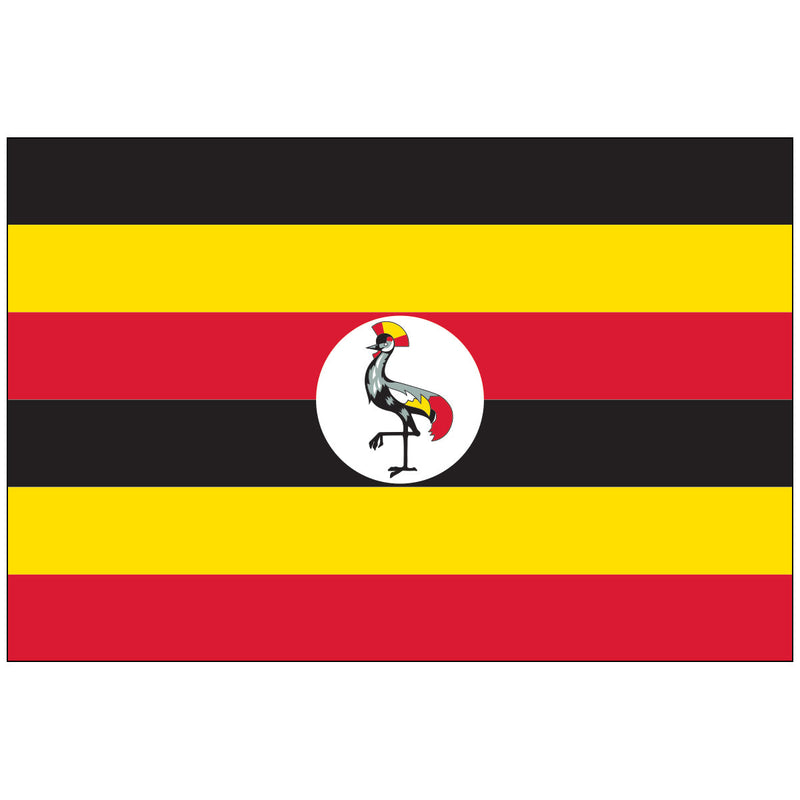 Load image into Gallery viewer, The flag of Uganda, featuring horizontal stripes of black, yellow, and red with a white circle in the center containing the national emblem, a Grey Crowned Crane.

