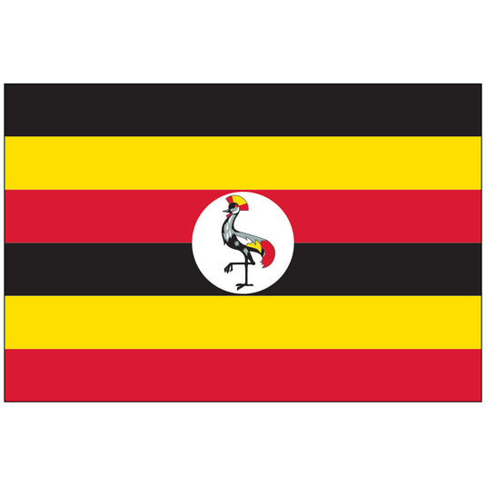 The flag of Uganda, featuring horizontal stripes of black, yellow, and red with a white circle in the center containing the national emblem, a Grey Crowned Crane.