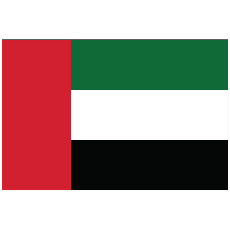 Load image into Gallery viewer, Flag of the United Arab Emirates with a vertical red stripe on the left and three horizontal stripes in green, white, and black from top to bottom.
