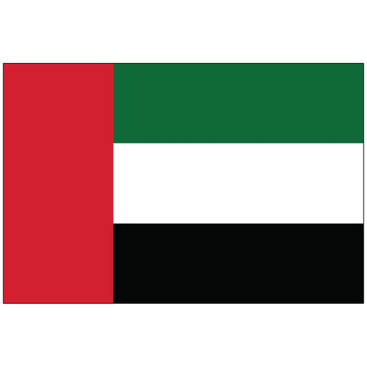 Flag of the United Arab Emirates with a vertical red stripe on the left and three horizontal stripes in green, white, and black from top to bottom.