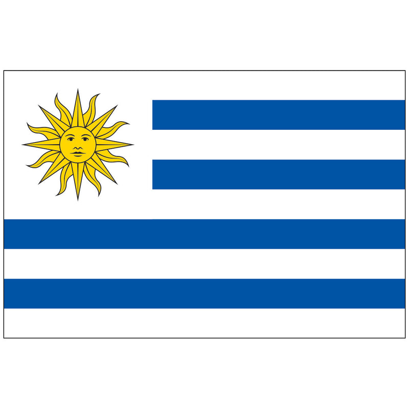 Load image into Gallery viewer, The flag of Uruguay, featuring a white sun with rays on a blue field with alternating white and blue stripes.
